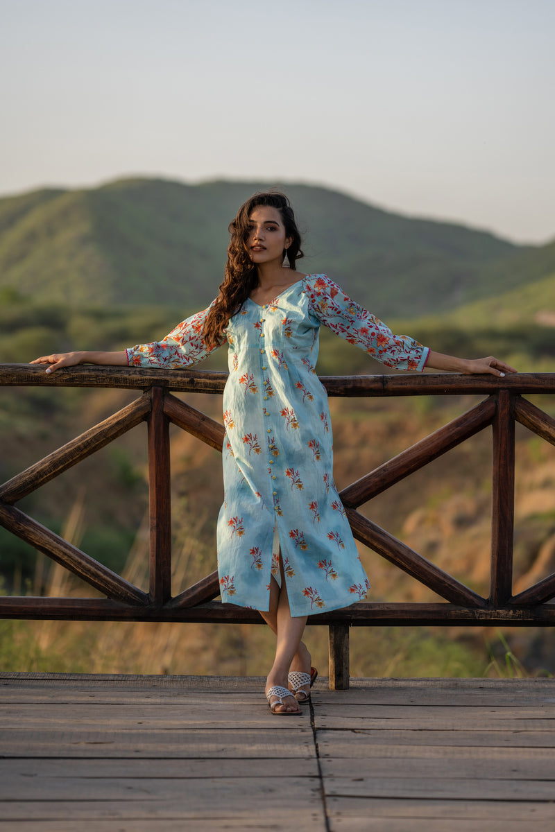 Coastal Peasant Midi Dress