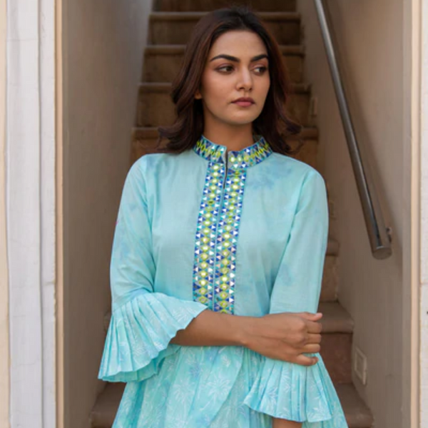 Sea Block Printed Pleated Shirt Set