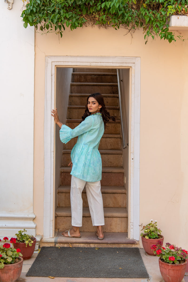 Sea Block Printed Pleated Shirt Set