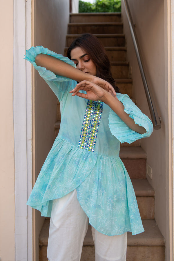 Sea Block Printed Pleated Shirt Set